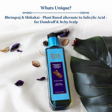Blue Nectar Anti Dandruff and Healthy Scalp Hair Cleanser Shampoo with Bhringraj, Shikakai, Suitable for Colored Hair, Dry Frizzy Hair | Plant Based Alternate to Salicyclic Acid (10 Herbs, 200 ml)